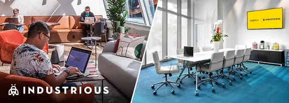 On the left, a man working on his laptop in a conference room. On the right, a spacious conference room with Brightline branding on the television. 