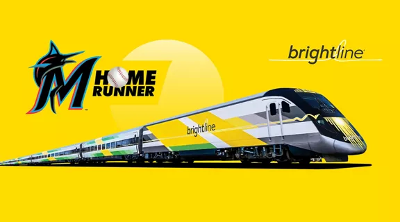 Miami Marlins logo with the words Home Runner and a Brightline train