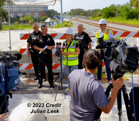 Brightline PR and Safety teams partner with Melbourne police at a press conference to talk rail safety along the Orlando extension.