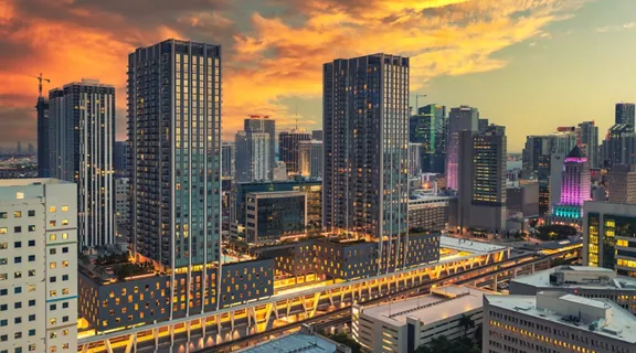 Aerial view of MiamiCentral station at sunset.