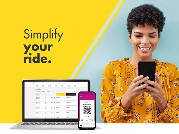 'Simply your ride.' text on a yellow background with a laptop computer open to Brightline's train availability page with a smartphone besides it open to a pink Brightline train ticket display. A woman against a light green background looking at her smartphone.