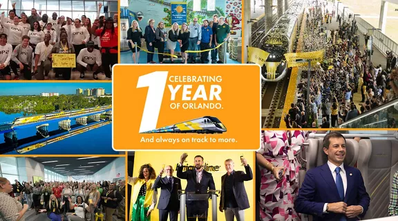 A collage of the Brightline train station, crew members, and other important milestones. In the center of the collage is a "Celebrating 1 Year of Orlando" graphic.