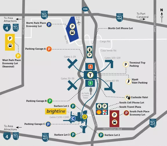a illustrated map of MCO terminal parking directions, highlight where to park per terminal with various P icons in different colors that match the terminal color. Brightline logo under Terminal C 
