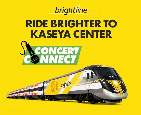 Image of a Brightline train with the words "Ride Brighter to Kaseya Center" and a Concert Connect logo