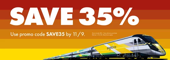 A promotional image for Brightline promo code SAVE35, for thirty five percent off SMART fares through November 9th, 2025.