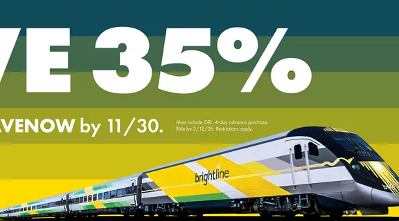 A Brightline train with the caption "Save 35% - Use promo code SAVENOW by November 30th"