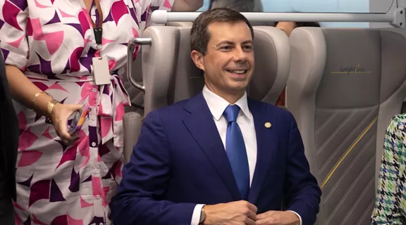U.S. Department of Transportation Secretary Pete Buttigieg aboard a Brightline train