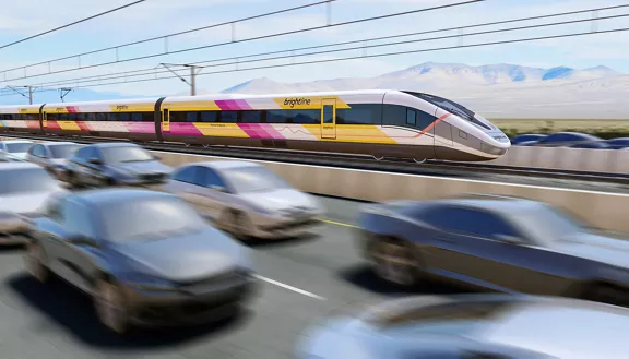 Rendering of a Brightline train traveling alongside heavy traffic.