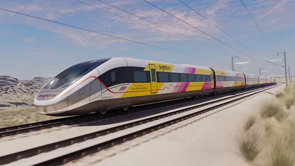 Rending of a Brightline West train traveling between Las Vegas and Los Angeles