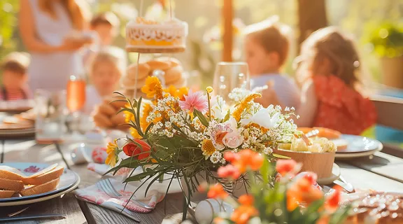 Happy family having tasty easter breakfast or brunch outdoor in the garden.