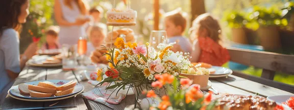 Happy family having tasty easter breakfast or brunch outdoor in the garden.