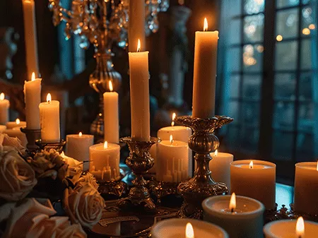 Several candles all lit up with flowers on the table