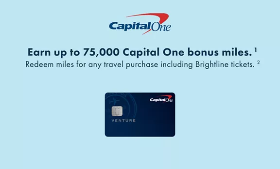 Capital One logo and card and the words Earn up to 75,000 Capital One bonus miles.