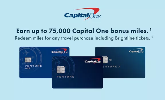 Capital One logo above 3 cards. Earn up to 75,000 Capital One bonus miles.