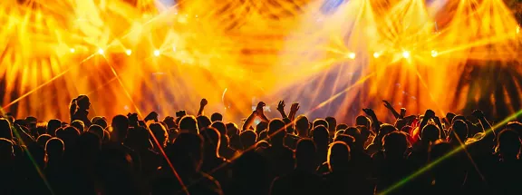 Crowd is enjoying live performance at open air summer festival at night. Nightlife. Silhouettes of people are standing in the dark and listening to electro music at concert. There are orange lights.