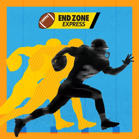 Illustration of an American football player sprinting forward with the ball. The main athlete appears in dark silhouette against a bright blue background.