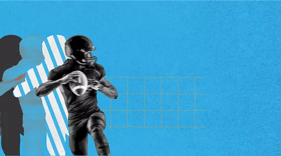 Stylized illustration of an American football player running while holding the ball. The athlete in full gear is shown in black and white against a bright blue textured background.