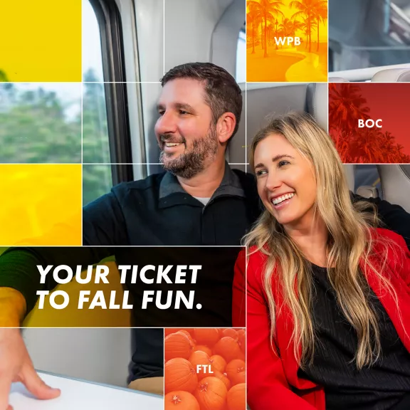 A man and woman smiling while riding a Brightline train with the caption "Your ticket to fall fun." 
