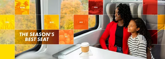 A mother and daughter riding a Brightline train together with the caption "The Season's Best Seat."