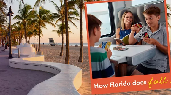 Background of walkway near beach with photo insert on right of 3 kids playing a card game on a train.