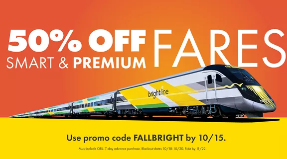 Brightline train on yellow and red background with 50% off smart & premium fares words above.