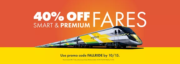 Brightline train on red and yellow background with 40% off smart & premium fares words above it.