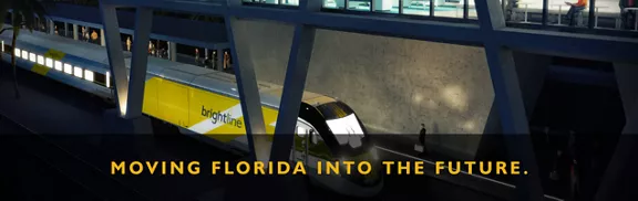 A Brightline train entering the station at night, with the caption "MOVING FLORIDA INTO THE FUTURE."