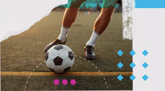 A close-up image shows a person standing on an outdoor soccer field with one foot on a black and white soccer ball. The scene is set during daylight, with the player's legs and shoes visible. The background features a textured overlay with blue and pink graphic elements and three pink stars. 