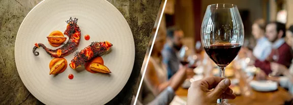 A dinner plate with octopus and potatoes on the left, with a glass of red wine on the right