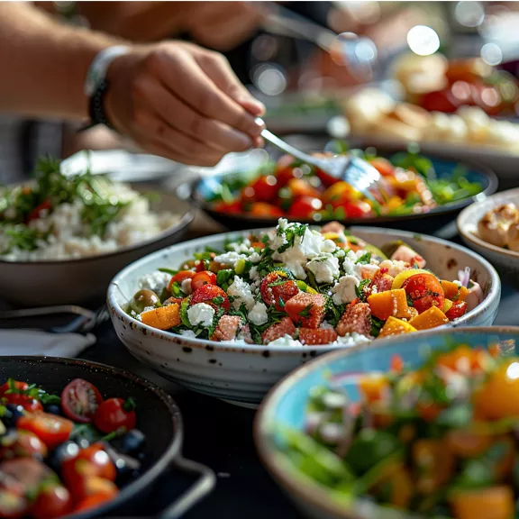 A variety of vibrant salads is arranged on a table, with a hand reaching in to serve from one of the bowls. The central dish features mixed vegetables, cherry tomatoes, herbs, and crumbled cheese, surrounded by other fresh salad bowls. 