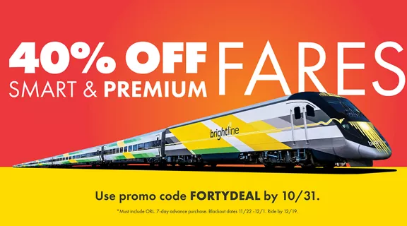 Brightline train on red and yellow background with 40% off smart & premium fares words above it.