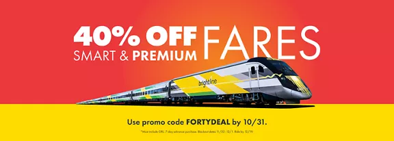 Brightline train on red and yellow background with 40% off smart & premium fares words above it.