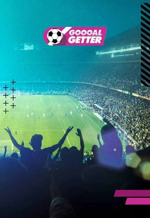 A soccer stadium packed with fans with a "GOOOL GETTER" logo in the corner.