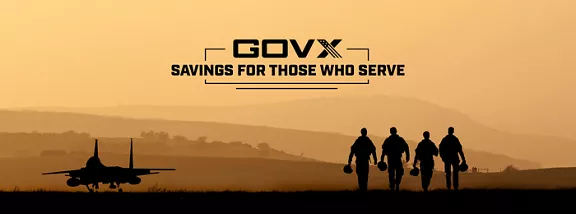 Military service members walking past an aircraft with the caption "GOVX - Savings for Those Who Serve."