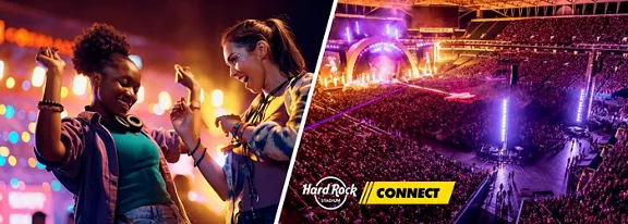 Two friends dancing at a concert, and an aerial view of a crowded concert venue. 