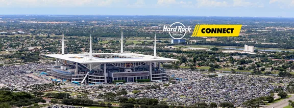 Aerial view of the Hard Rock Stadium superimposed with a Hard Rock Connect logo