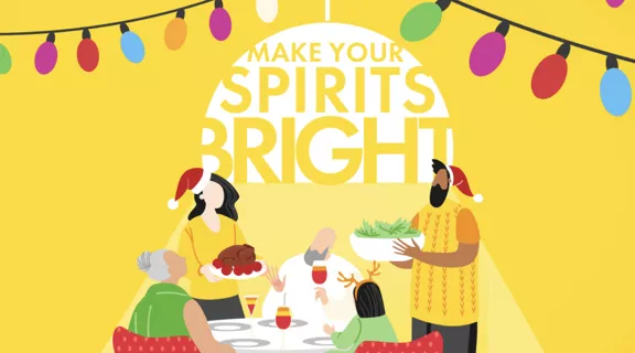 family at the holidays cartoon banner on yellow with a string of lights