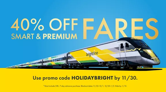Train on a blue and yellow background with the words 40% off smart & premium fares above.