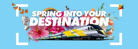 Spring into your destination words over flower and train image