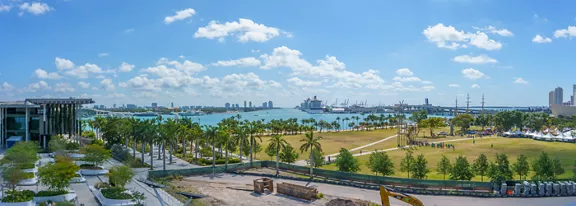 A wide panoramic view shows a waterfront park lined with tall palm trees under a bright blue sky. The scene includes open grassy fields, walking paths, and scattered construction materials in the foreground. In the distance, a harbor with cruise ships and industrial structures stretches across the horizon. Fluffy white clouds dot the sky, adding depth and a relaxed coastal atmosphere.