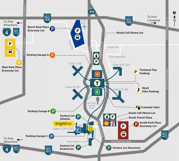 a illustrated map of MCO terminal parking directions, highlight where to park per terminal with various P icons in different colors that match the terminal color. Brightline logo under Terminal C 