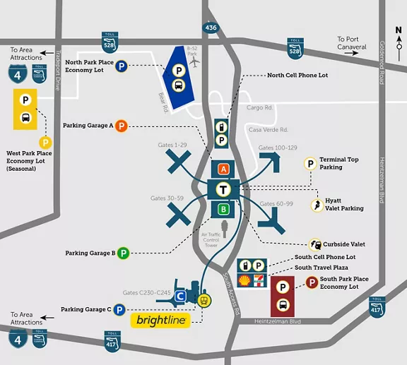 a illustrated map of MCO terminal parking directions, highlight where to park per terminal with various P icons in different colors that match the terminal color. Brightline logo under Terminal C 