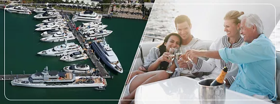 An aerial photo of boats docked in a marina. A group of friends relaxing on a boat, making a champagne toast.
