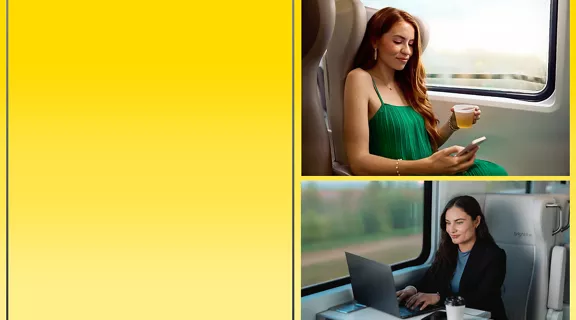 COMING SOON FLEX FARES AVAILABLE ON SMART AND PREMIUM TRIPS | SOUTH FLORIDA <>ORLANDO. Composite banner shows two women traveling by train against a bright yellow background. 