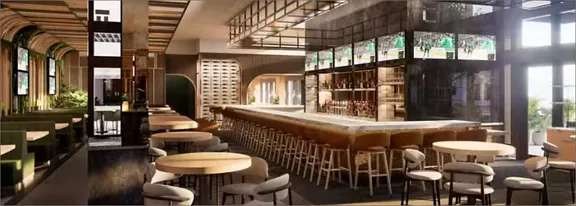 Contemporary bar interior featuring a long central counter lined with wooden stools. Multiple flat-s