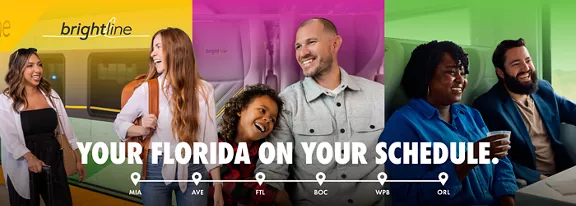 Friends and family enjoying a ride on a Brightline train.