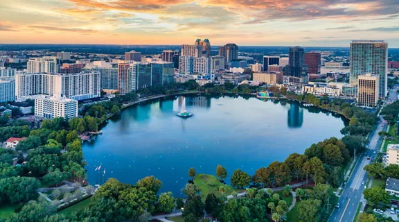 A photo of Downtown Orlando's Lake Eola at dusk.