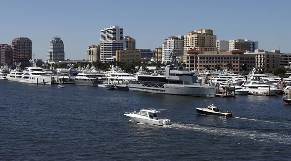 Aerial photo of a marina in Plam Beach filled with luxury boats
