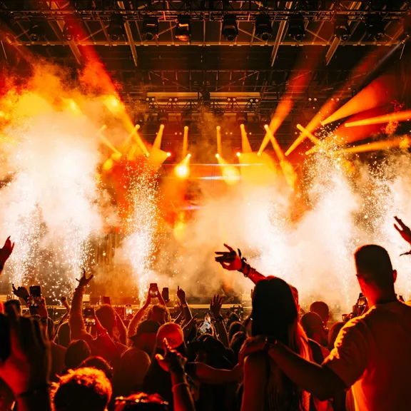 A crowd of in front of a Palm Tree Music Festival stage. 