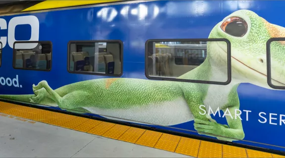 A Geico Brightline train